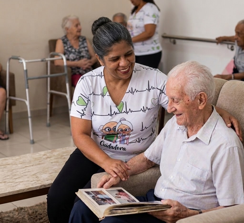 Cuidador profissional ajudando idoso a caminhar